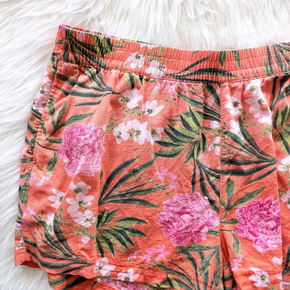 Old Navy Coral Orange Pink And Green Tropical Print Linen Shorts Size 2X - Picture 2 of 8